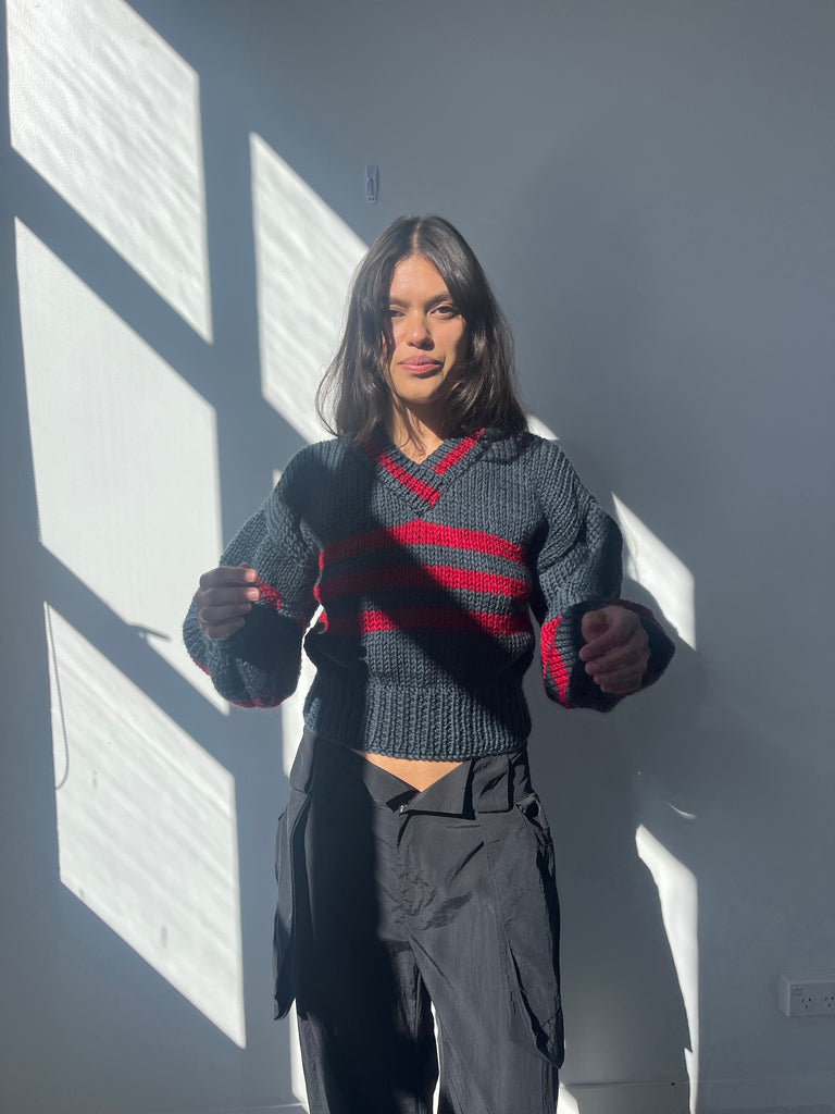 SARAH SWEATER CHARCOAL AND RED STRIPE (PRE ORDER)